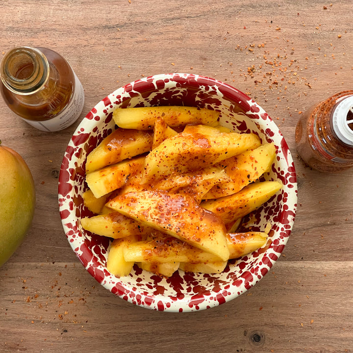 Mango slices with Peach Cayenne hot sauce