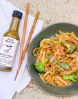 Hot Thai Green Hot Sauce on vegan lo mein noodles