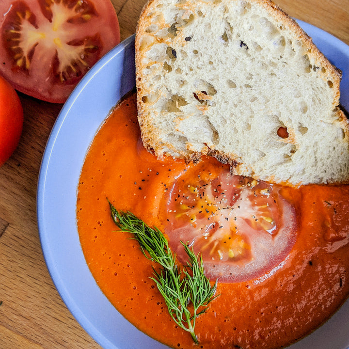 Roasted red pepper tomato soup recipe with Umami everyday sauce and Cheddar craving vegan cheese