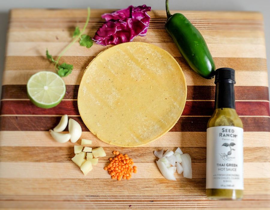 Lentil taco ingredients with Thai Green Sauce Mild