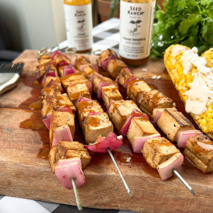 Umami Tofu Skewers on the grill