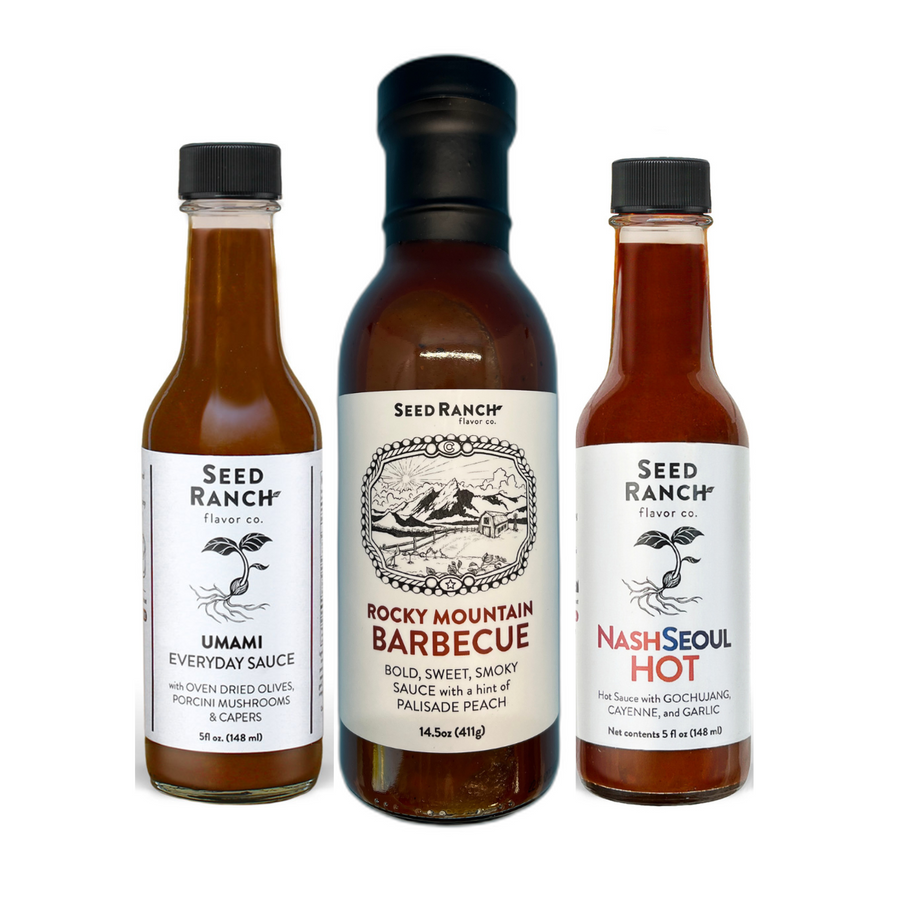 Seed Ranch Flavor Co., The Rocky Mountain Barbecue  sauce. The Grilled Bundle with NashSeoul and Umami Everyday hot sauce.
