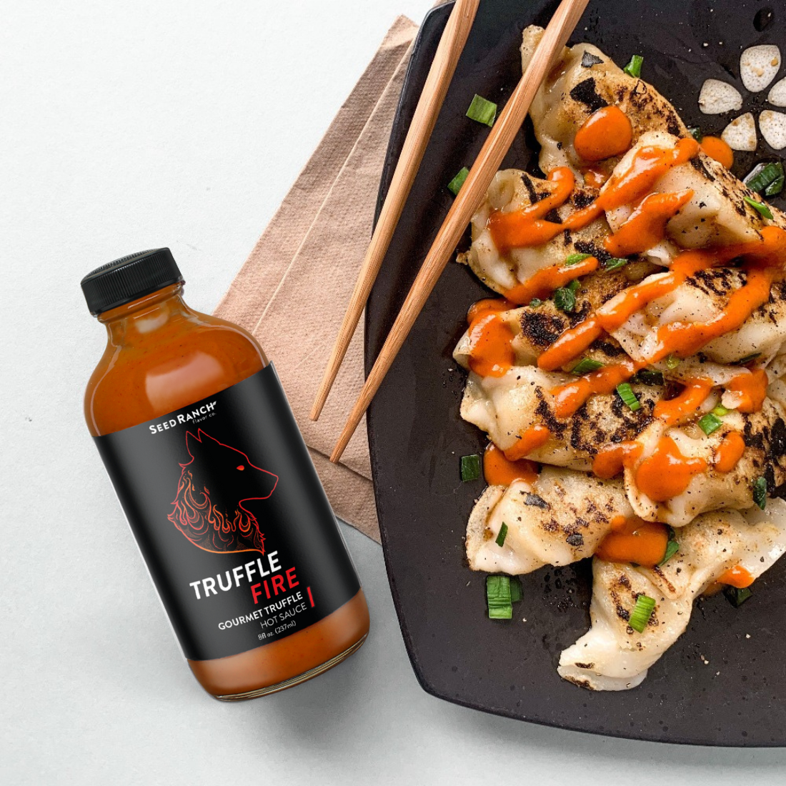 Seed Ranch Flavor Co Truffle hot sauce fire adds spice taste to the dumplings