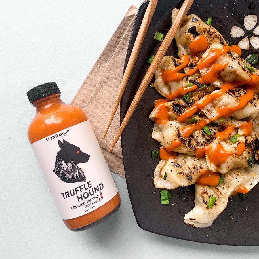 Truffle hound hot sauce on potstickers