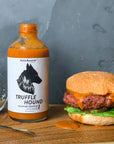 truffle hound hot sauce with plant based burger