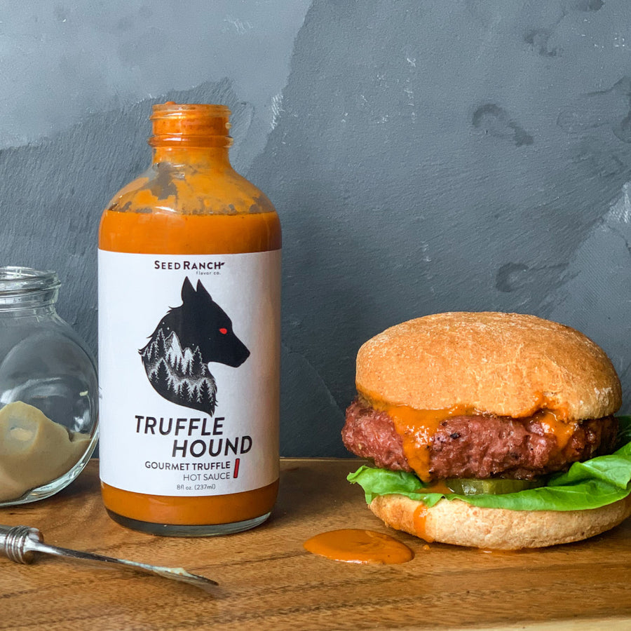 truffle hound hot sauce with plant based burger