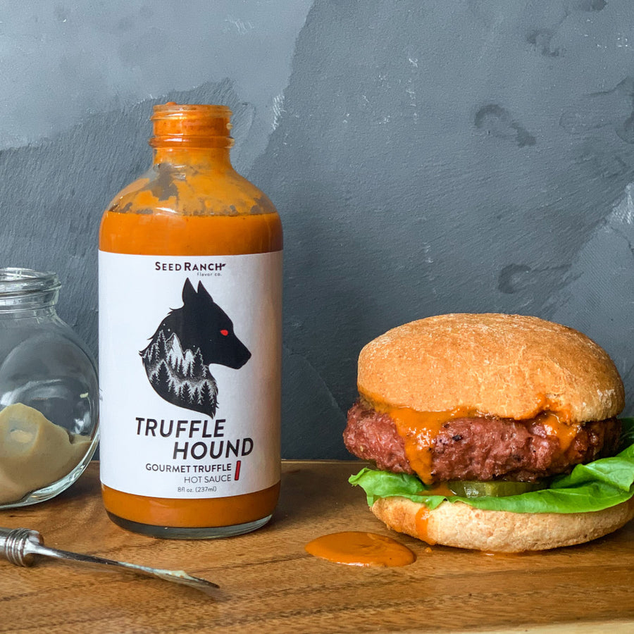 Truffle Hound Hot Sauce on veggie burger