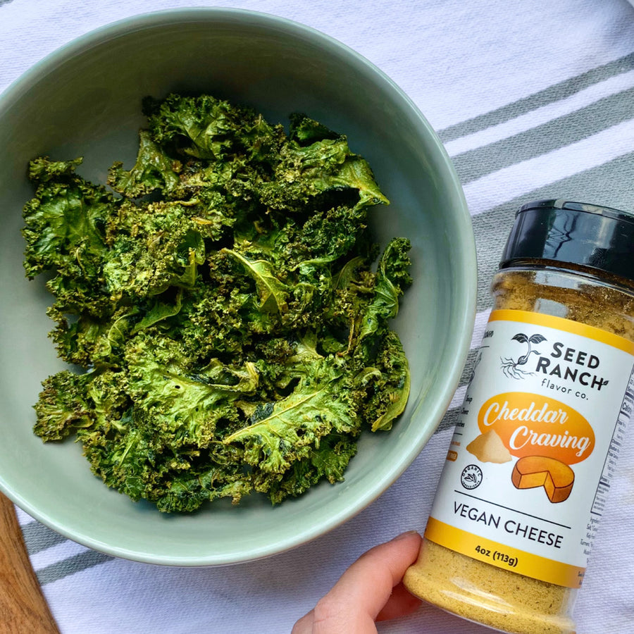 Cheddar Craving Vegan Cheese on kale chips