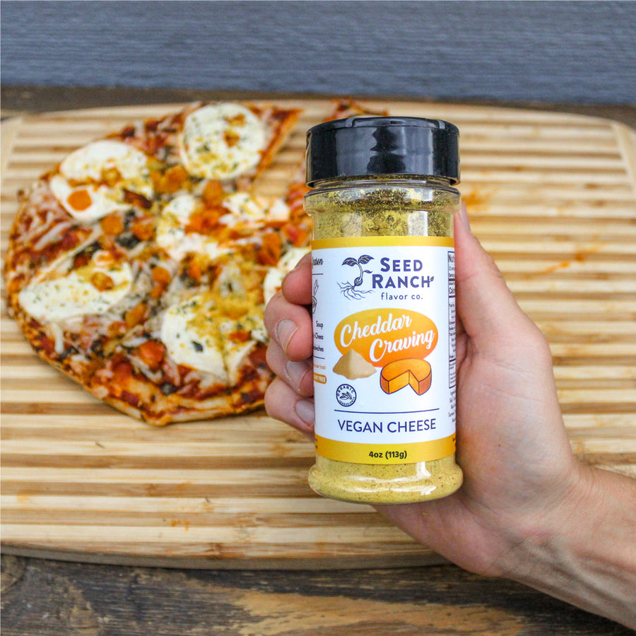 Cheddar Craving vegan cheese on pizza