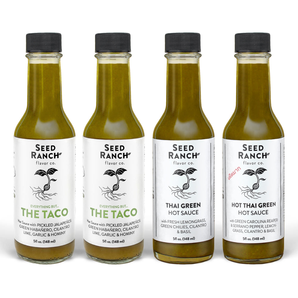 Green bundle with the taco sauce, thai green hot sauce, and hot thai green hot sauce