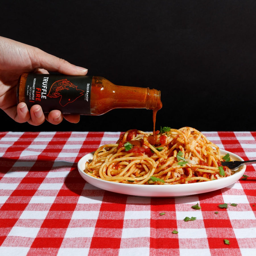 truffle fire hot sauce on spaghetti
