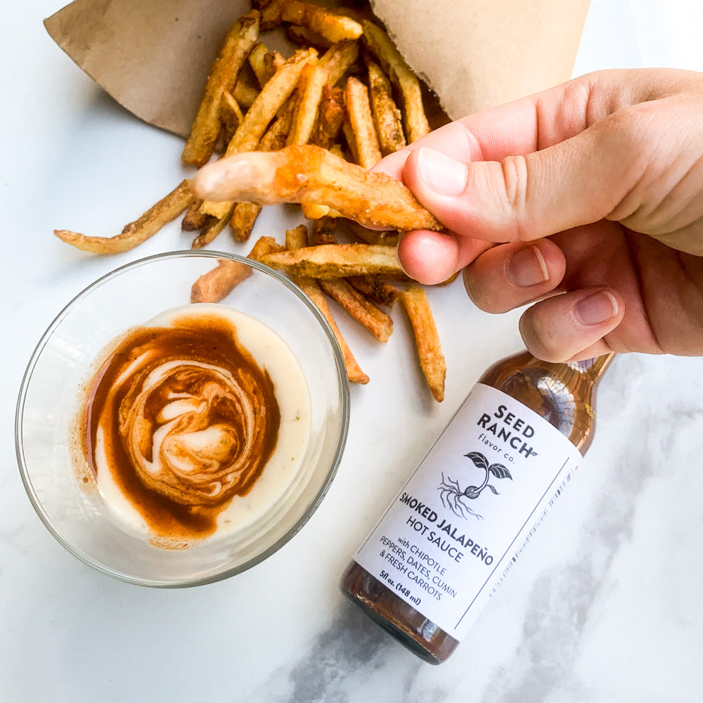 Smoked Jalapeño Hot Sauce with fries ranch dip